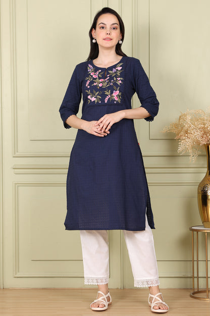 Straight Cut Embroidered Kurti β Navy Blue