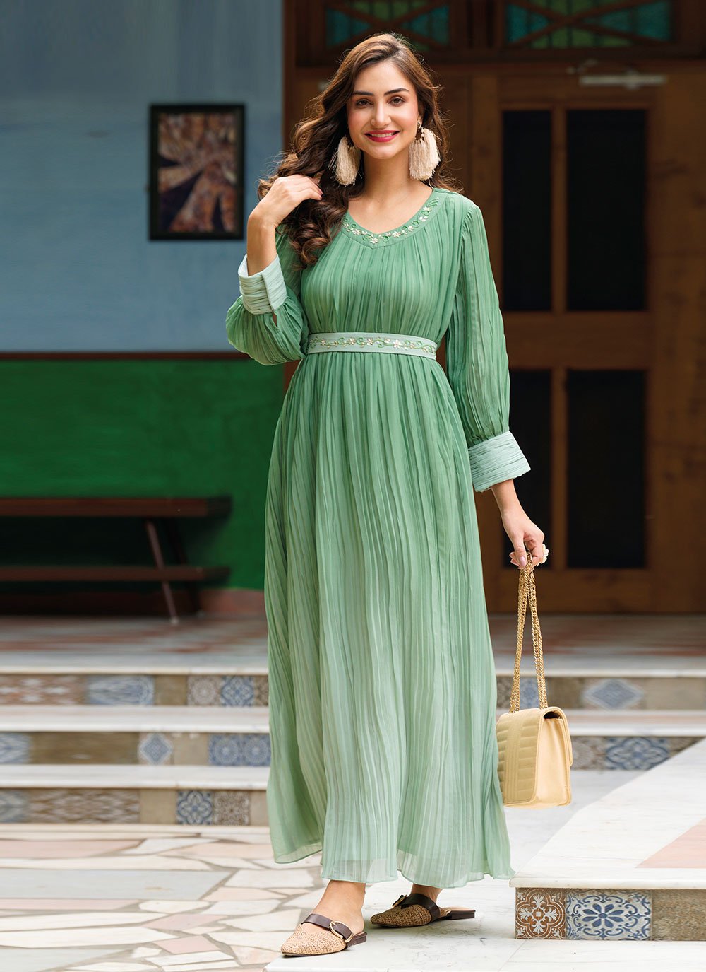 Pleated Georgette Maxi Dress