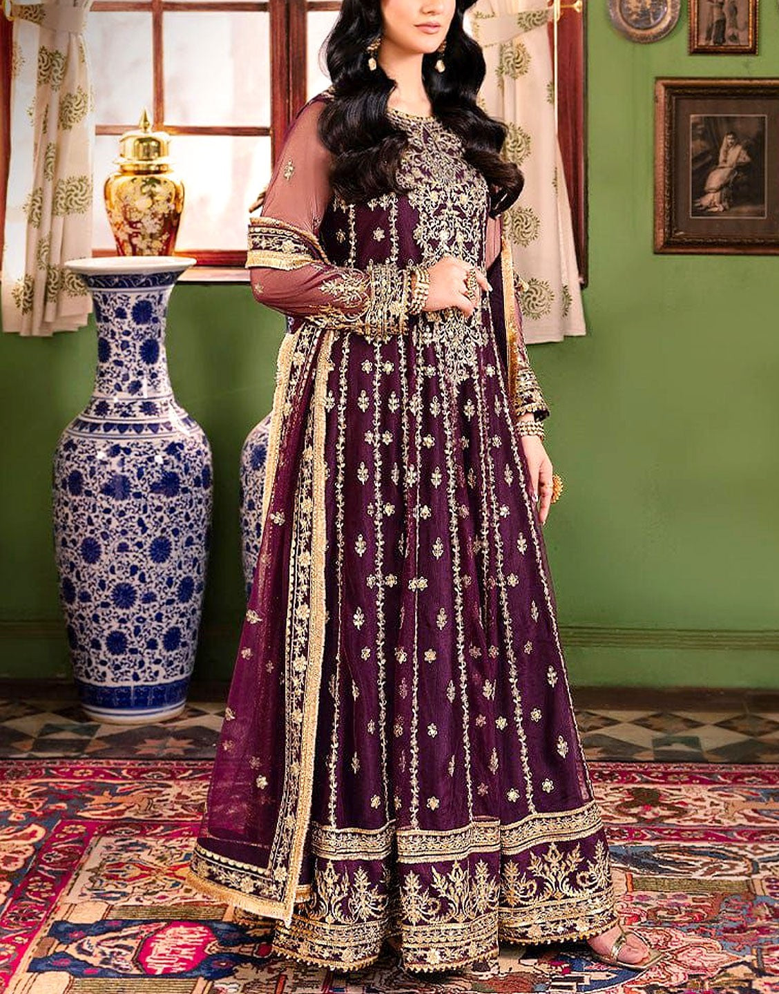 Luxury Embroidered Net Gown – Purple